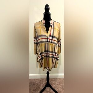 HEIMISH USA Lightweight Tartan Plaid V Neck Peplum Tunic Shirt - Size Medium